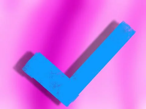 Blue check mark icon on pink backgroundd. Tick symbol, tick icon. Copy space, 2d Stock Illustration