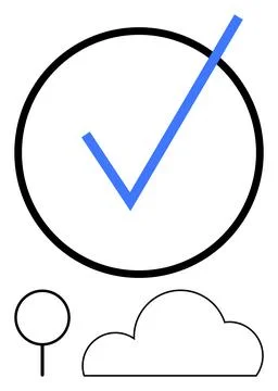 Blue Check Mark Inside a Circle with Cloud and Tree Outline Stock Illustration