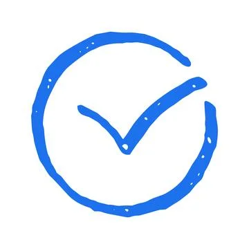 A blue check mark inside a circle, a hand drawn vector illustration. Whimsica Stock Illustration