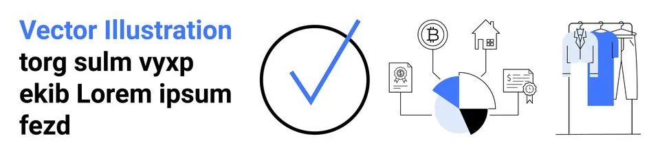 Blue check mark next to analytical data icons thumbs up pie chart showing dat Stock Illustration