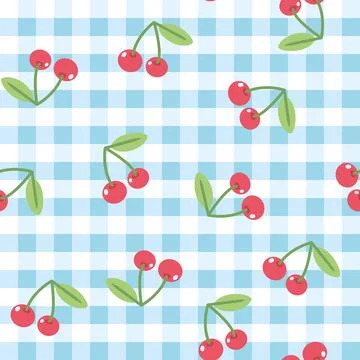 Blue checkered background with cherries Stock Illustration