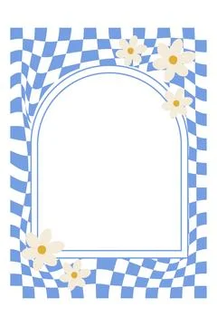 Blue checkered wavy frame with cream flowers in modern retro style. Great f.. Stock Illustration