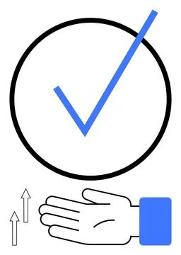 Blue Checkmark in Circle Above an Open Hand with Upward Arrows, Minimalist Style Ilustração Stock