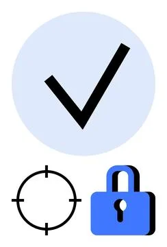 Blue checkmark in circle, black target crosshairs, blue padlock indicating se Illustrazione stock