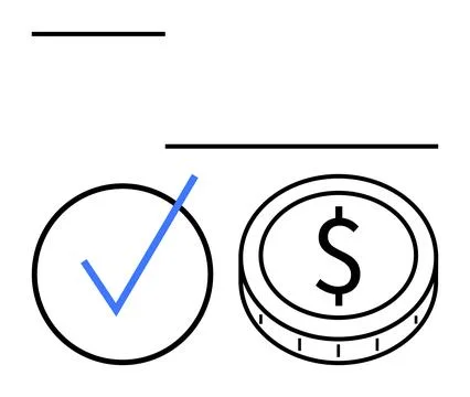 Blue checkmark in circle next to dollar coin outlines approval, validation, f Stock Illustration