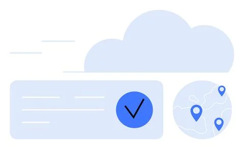 Blue checkmark with data display, geolocation points, and cloud background 스톡 일러스트