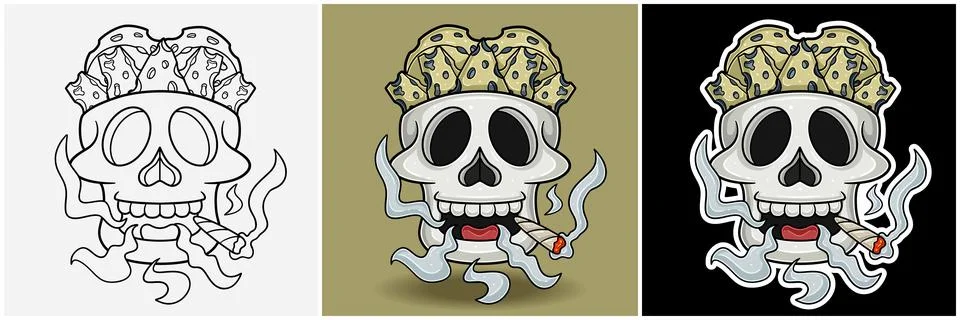 Blue Cheese Inside Skull Head With Smoking Character Cartoon. Black White, .. Stock Illustration