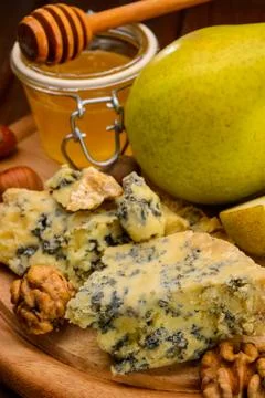 Blue cheese with pears Stock Photos