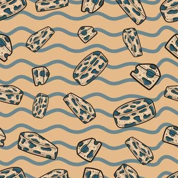 Blue Cheese Seamless Pattern in Cartoon Style. Perfect For Background, Back.. Stock Illustration