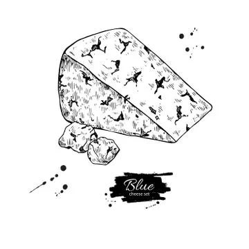 Blue cheese triangle drawing. Vector hand drawn food sketch. Engraved Slice Stock Illustration