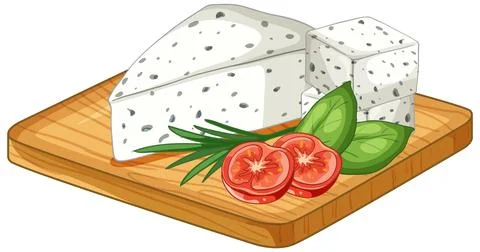 Blue Cheese Wedge and Cubes with Tomato on Wooden Board Stock Illustration