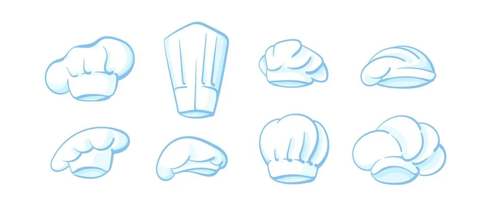 Blue chef, flat hat. Vector set. Cook's white cap Illustrazione stock