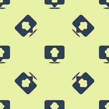 Blue Chef hat with location icon isolated seamless pattern on yellow background Stock Illustration