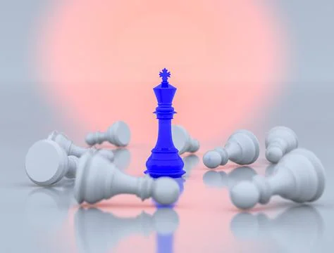 Blue chess king standing in the middle of scattered white chess pieces, 3d il Illustrazione stock