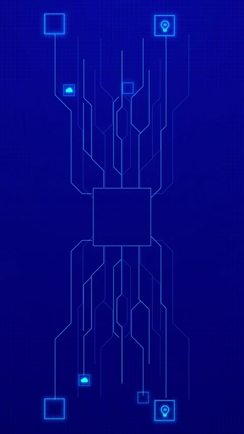 Blue chip network circuit background central square processor, glowing lines, Stock Footage 340526287
