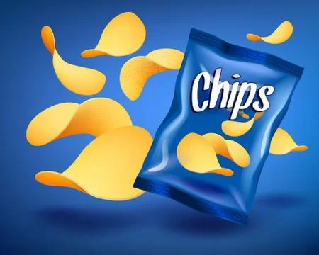 Blue chips package mockup with yellow crispy snacks, advertising concept Stock-Illustration