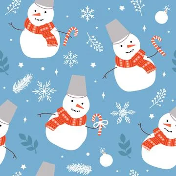 Blue Christmas seamless pattern of cute snowmen and snowflakes. Modern simple Illustrazione stock