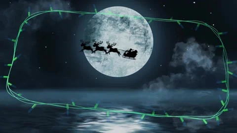 Blue christmas string lights flashing over winter scene with santa passing full Stock Footage 253158755