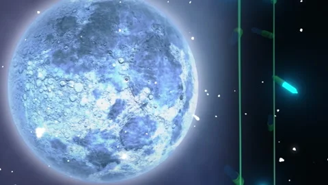 Blue christmas string lights flashing over falling snow and full moon in night Stock Footage 312661896