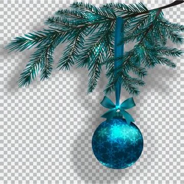 Blue Christmas tree branches on a checker background with shadow. Ball with.. Illustrazione stock