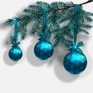 Blue Christmas tree branches on an isolated white background with shadow. T.. Stock Illustration