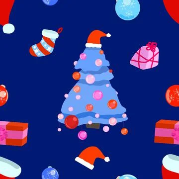 Blue christmas tree seamless pattern and red decor Stock Illustration