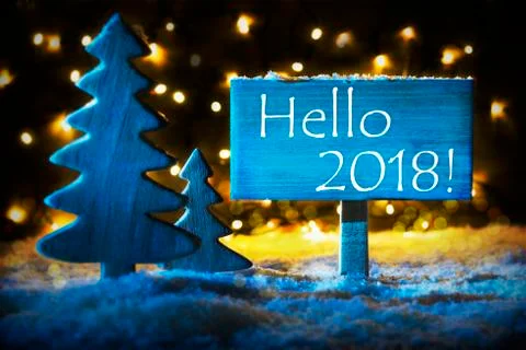 Blue Christmas Tree, Text Hello 2018 Stock Photos