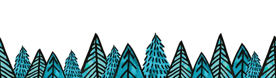 Blue Christmas trees vector border. Seamless pattern hand drawn doodle trees 스톡 일러스트