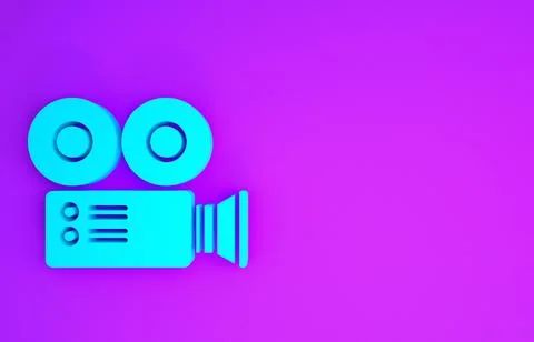Blue Cinema camera icon isolated on purple background. Video camera. Movie si Stock Illustration