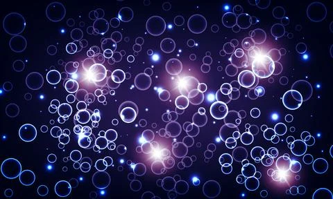 Blue circle bubbles and water with bright light on dark background. shiny light Stock Illustration