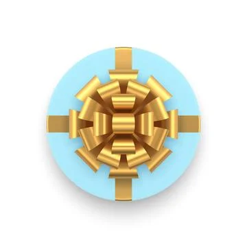 Blue circle gift box with golden luxury bow ribbon top view 3d icon realistic Stock Illustration