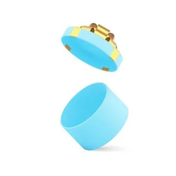 Blue circle gift box open empty package with luxury golden bow ribbon 3d icon Illustrazione stock