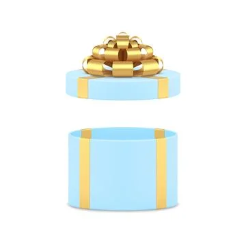 Blue circle gift box present package with open cap and golden bow ribbon 3d i Stock Illustration