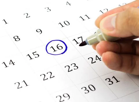 Blue circle. mark on the calendar at 16. Stock Illustration