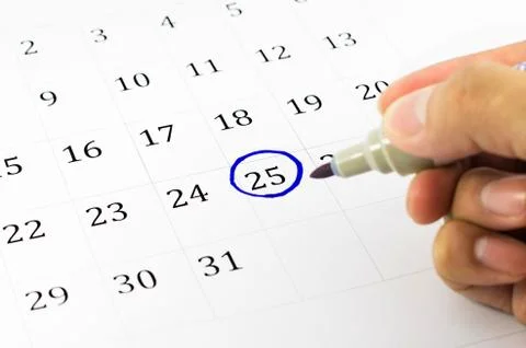 Blue circle. mark on the calendar at 25. Stock Illustration