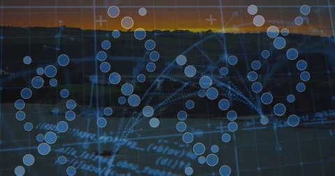 Blue circles fading in, clustering, linking via dashed lines overlaying dusk Stock Footage 317184546