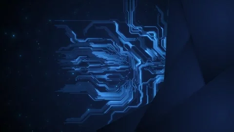 Blue circuit arrow background glowing electronic traces, dark technology space Stock Footage 333861673