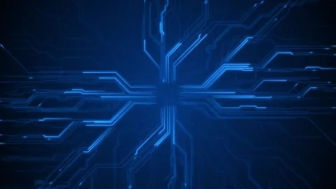 Blue circuit board background glowing chip center, diagonal electronic traces, t Stock Footage 340397410