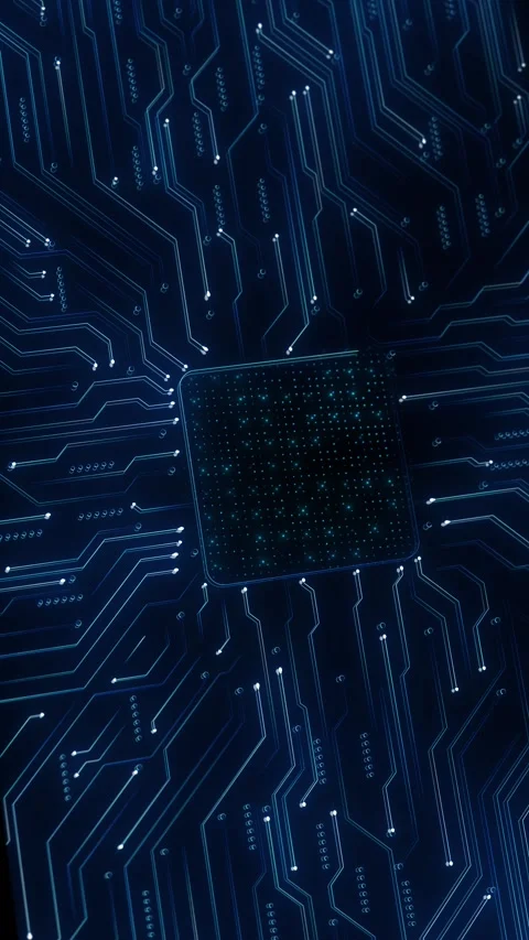 Blue circuit board central processor shape, glowing pathways, electronic node pa Stock Footage 340577900