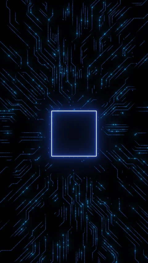 Blue circuit board chip background with glowing electronic traces, central proce Stock Footage 340552310