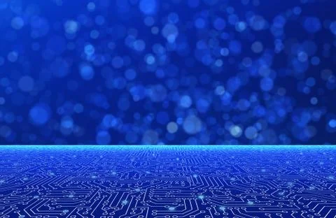Blue circuit board empty table in front of blurred background. Pattern textur Stock Illustration