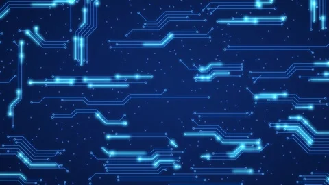 Blue circuit board with glowing data pulses flowing along traces Vídeo Stock 348305322