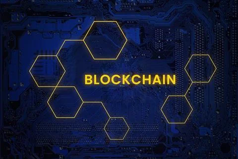 Blue circuit board with glowing hexagonal blockchain network structure and .. Stock Photos