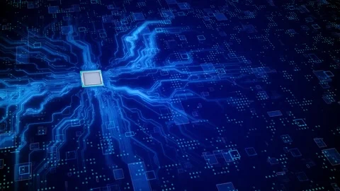Blue circuit board glowing processor, bright traces, digital technology depth ac Stock Footage 340453071