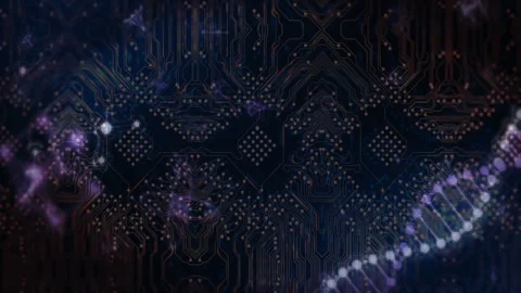 Blue circuit-board particles emerging drifting inward causing glowing helix Stock Footage 313307624