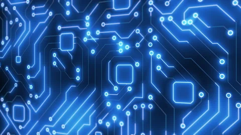 Blue Circuit Board Paths with Glowing Nodes and Connections. Stock Footage 318942729
