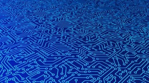 Blue circuit board pattern texture. High-tech background in digital computer  Illustrazione stock