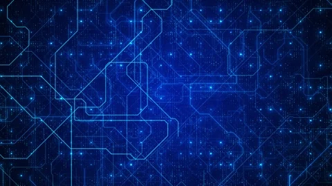 Blue circuit board technology background glowing lines, dotted nodes, data paths Stock Footage 340477873
