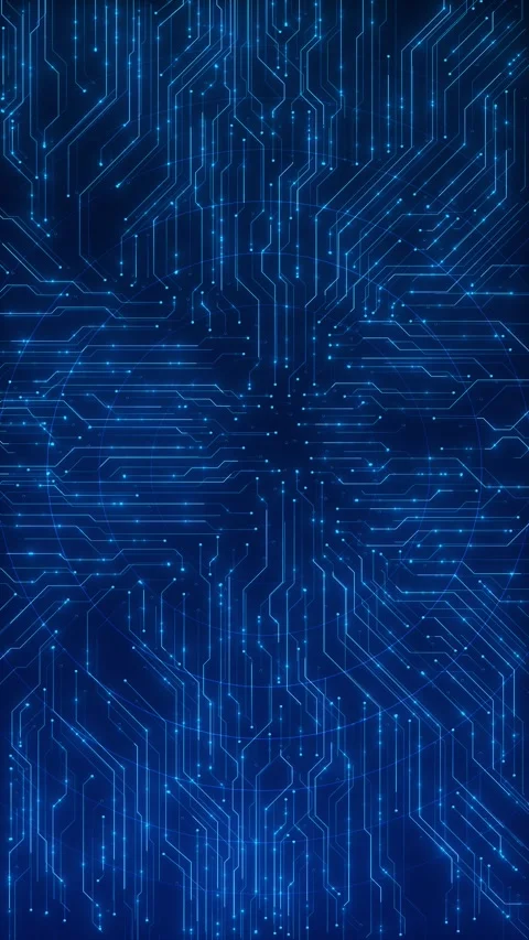 Blue circuit board technology pattern glowing electronic traces, connection node Stock Footage 340571799