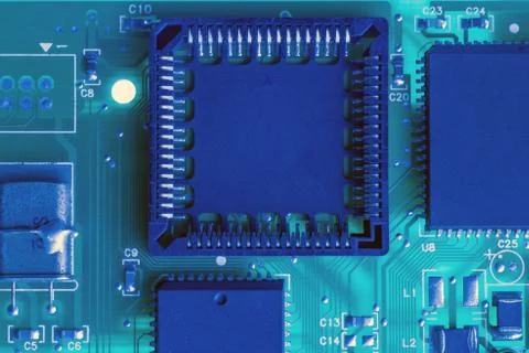 Blue circuit board texture closeup Stock Photos